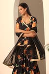 Pomcha Jaipur_Black Georgette Gota Patti V-neck Floral Pattern Peplum Tunic And Sharara Set _at_Aza_Fashions