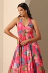 POMCHA JAIPUR_Pink Dress  Muslin Botanic V Neck Gul Qudrat Pattern Halter _at_Aza_Fashions