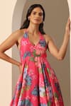 Shop_POMCHA JAIPUR_Pink Dress  Muslin Botanic V Neck Gul Qudrat Pattern Halter _at_Aza_Fashions