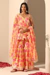 Buy_Pomcha Jaipur_Yellow Muslin, Chiffon Gul Rangrez Floral Pattern Peplum Tunic Sharara Set _at_Aza_Fashions
