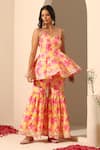 Pomcha Jaipur_Yellow Muslin, Chiffon Gul Rangrez Floral Pattern Peplum Tunic Sharara Set _Online_at_Aza_Fashions