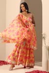 Pomcha Jaipur_Yellow Muslin, Chiffon Gul Rangrez Floral Pattern Peplum Tunic Sharara Set _at_Aza_Fashions