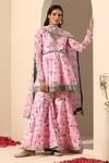 Buy_Pomcha Jaipur_Pink Muslin, Chiffon Gota Gul Rozi Floral Pattern Peplum Tunic Sharara Set _at_Aza_Fashions