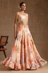 POMCHA JAIPUR_Peach Georgette Floral Square Gul Ruhani Pattern Lehenga Set_Online_at_Aza_Fashions