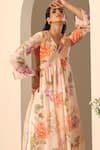 Shop_Pomcha Jaipur_Peach Georgette, Cotton, Silk Gul Ruhani Floral Pattern Kurta And Pant Set _Online_at_Aza_Fashions