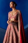 Shop_Mrunalini Rao_Red , Organza Zari, Embroidery V-neck Ahvi Raw Bridal Lehenga Set _at_Aza_Fashions