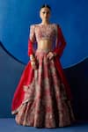 Buy_Mrunalini Rao_Red Leather, Organza, Silk Embroidery, Zari Round Radha Raw Bridal Lehenga Set _at_Aza_Fashions