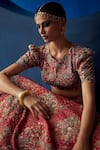 Mrunalini Rao_Red Leather, Organza, Silk Embroidery, Zari Round Radha Raw Bridal Lehenga Set _Online_at_Aza_Fashions