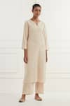 Buy_Kamaltaas_Peach Cotton Slub Hand Embroidery Placement Pitta Kurta With Pant  _at_Aza_Fashions