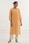 Buy_Kamaltaas_Orange Linen Hand Embroidery Floral Round Neck Pitta Kurta With Pant  _at_Aza_Fashions