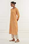 Kamaltaas_Orange Linen Hand Embroidery Floral Round Neck Pitta Kurta With Pant  _at_Aza_Fashions