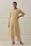 Buy_Kamaltaas_Yellow Chanderi Stripe Pitta Round Pattern Straight Kurta With Pant  _at_Aza_Fashions