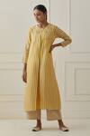 Shop_Kamaltaas_Yellow Chanderi Stripe Pitta Round Neck Pattern Layered Jacket Kurta  _at_Aza_Fashions