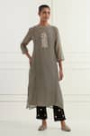 Buy_Kamaltaas_Grey Chanderi Placement Embroidery Pitta Round Neck Kurta  _Online_at_Aza_Fashions