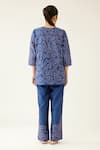 Shop_Kora_Blue Silk, Cotton Applique, Embroidery Split V-neck Work Top And Pant Set _at_Aza_Fashions