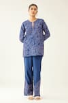 Kora_Blue Silk, Cotton Applique, Embroidery Split V-neck Work Top And Pant Set _Online_at_Aza_Fashions