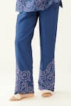 Buy_Kora_Blue Silk, Cotton Applique, Embroidery Split V-neck Work Top And Pant Set _Online_at_Aza_Fashions