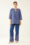 Shop_Kora_Blue Silk, Cotton Applique, Embroidery Split V-neck Work Top And Pant Set _Online_at_Aza_Fashions