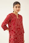 Shop_Kora_Red Silk, Cotton Embroidery Split V-neck Jaal Applique Work Top And Pant Set _Online_at_Aza_Fashions