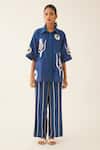Kora_Blue Silk, Cotton Applique Collared Work Shirt And Pant Set _Online_at_Aza_Fashions