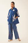 Shop_Kora_Blue Silk, Cotton Applique Collared Work Shirt And Pant Set _Online_at_Aza_Fashions