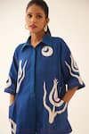 Kora_Blue Silk, Cotton Applique Collared Work Shirt And Pant Set _at_Aza_Fashions