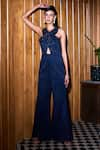 Buy_Label Sanya Gulati_Blue Jacquard Embroidered Cutdana V Neck Jumpsuit _at_Aza_Fashions