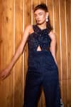 Buy_Label Sanya Gulati_Blue Jacquard Embroidered Cutdana V Neck Jumpsuit _Online_at_Aza_Fashions