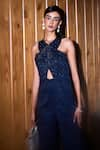 Shop_Label Sanya Gulati_Blue Jacquard Embroidered Cutdana V Neck Jumpsuit _Online_at_Aza_Fashions