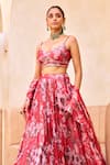 Label Sanya Gulati_Red Georgette Printed Floral Scoop Shimmer Lehenga Set _at_Aza_Fashions