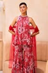 Buy_Label Sanya Gulati_Red Georgette Printed Floral Round Flared Tunic Sharara Set _Online_at_Aza_Fashions