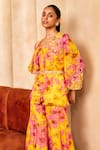 Buy_Label Sanya Gulati_Yellow Georgette Printed Floral V Neck Ruffle Shirt And Gharara Set _Online_at_Aza_Fashions