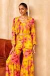 Shop_Label Sanya Gulati_Yellow Georgette Printed Floral V Neck Ruffle Shirt And Gharara Set _Online_at_Aza_Fashions