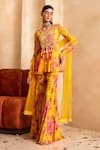 Buy_Label Sanya Gulati_Yellow Georgette Printed Floral V Neck A-line Short Kurta Sharara Set_at_Aza_Fashions