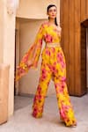 Shop_Label Sanya Gulati_Yellow Georgette Printed Floral One Shoulder Kurta And Pant Set _Online_at_Aza_Fashions