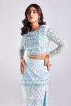 Buy_DiyaRajvvir_Blue Satin Lycra Embroidery Cutdana Scoop Neck Floral Sequin Blouse With Skirt _Online_at_Aza_Fashions