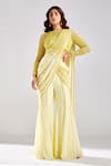 Buy_DiyaRajvvir_Yellow Satin Lycra Embroidery Pre-draped Pant Saree With Blouse _at_Aza_Fashions