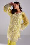 Buy_DiyaRajvvir_Yellow Satin Lycra Chevron Sequins Embroidered Kurta Flared Pant Set_Online_at_Aza_Fashions