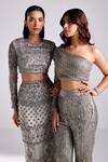 Buy_DiyaRajvvir_Grey Satin Lycra Sequins And Beads Embroidered Crop Top With Pant_Online_at_Aza_Fashions