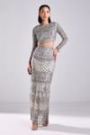 Buy_DiyaRajvvir_Grey Satin Lycra Embroidery Sequins Round Floral Blouse With Skirt _at_Aza_Fashions