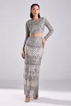 Buy_DiyaRajvvir_Grey Satin Lycra Embroidery Sequins Round Neck Floral Blouse With Skirt _at_Aza_Fashions