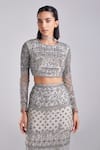 Buy_DiyaRajvvir_Grey Satin Lycra Embroidery Sequins Round Floral Blouse With Skirt _Online_at_Aza_Fashions