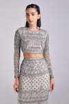 Buy_DiyaRajvvir_Grey Satin Lycra Embroidery Sequins Round Neck Floral Blouse With Skirt _Online_at_Aza_Fashions