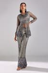 Buy_DiyaRajvvir_Grey Satin Lycra Embroidery Sequins Round Neck Peplum Tunic With Pant _at_Aza_Fashions