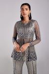 DiyaRajvvir_Grey Satin Lycra Embroidery Sequins Round Neck Peplum Tunic With Pant _Online_at_Aza_Fashions