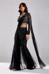 DiyaRajvvir_Black Satin Lycra Pre-draped Pant Saree With Cutdana Blouse _Online_at_Aza_Fashions