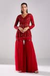 Buy_DiyaRajvvir_Red Satin Lycra Embellished Sequins V Neck Peplum Kurta With Gharara Pant _at_Aza_Fashions