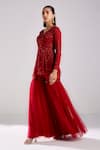 DiyaRajvvir_Red Satin Lycra Embellished Sequins V Neck Peplum Kurta With Gharara Pant _Online_at_Aza_Fashions