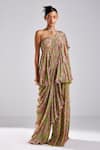 Buy_DiyaRajvvir_Green Crepe Print Sequins Pre-draped Abstract Pant Saree With Blouse _at_Aza_Fashions