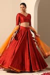 Buy_POMCHA JAIPUR_Red Lehenga And Blouse Tafetta Silk V Neck Gul Solid Set _at_Aza_Fashions